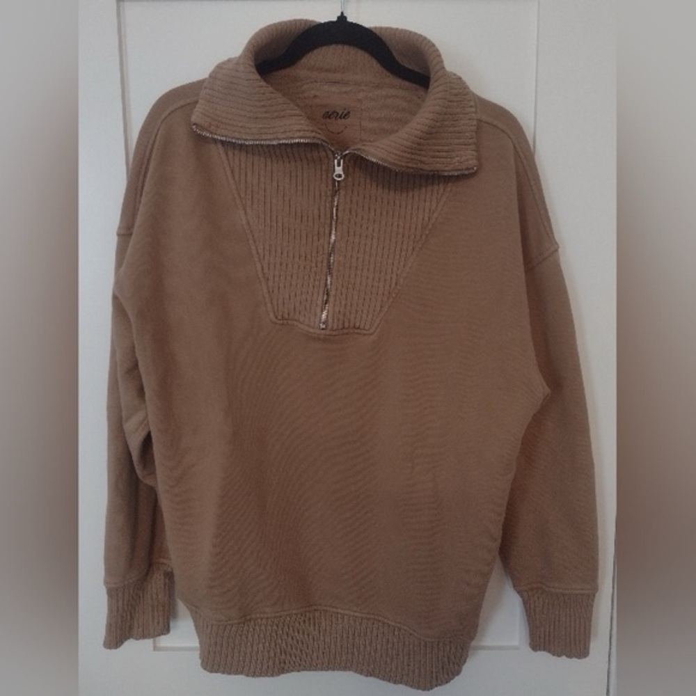 Aerie Tan Oversized Half Zip Sweater